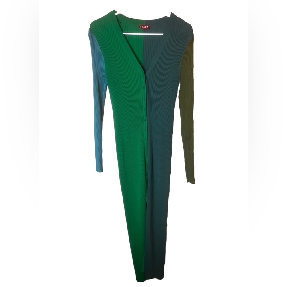 Staud Shoko Sweater Dress Fern Multi Green Colorblock Ribbed Duster Cardigan L - Picture 4 of 5